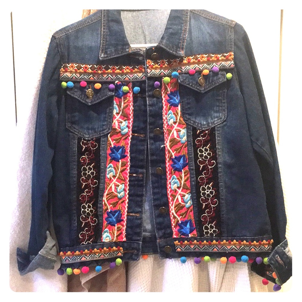 Brand New EmbellishedDenim Jacket with Poms